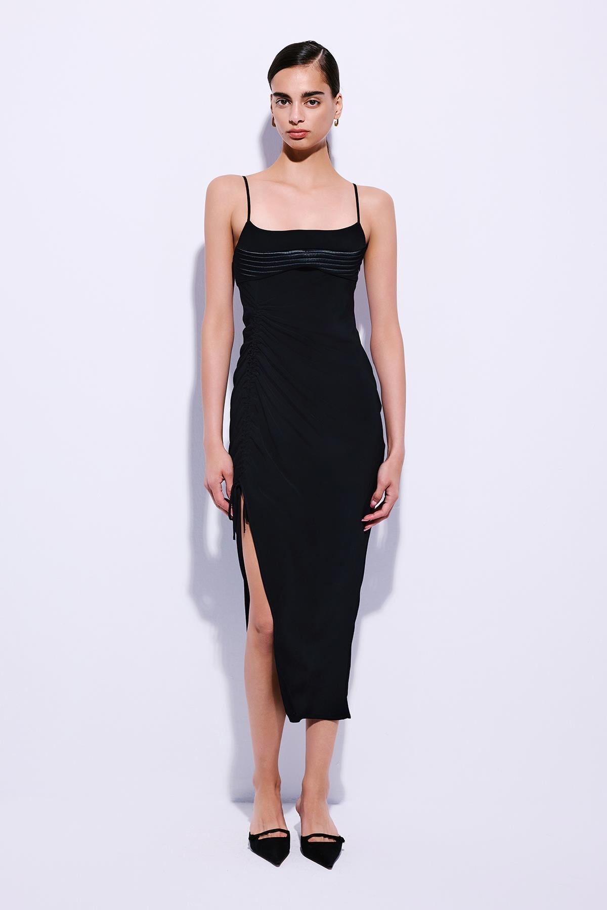 Side Ruched Strappy Cream Midi Dress