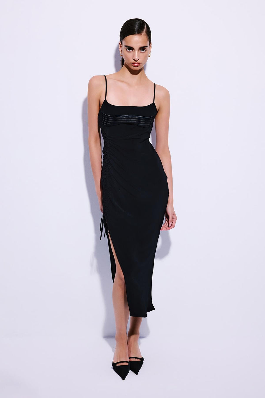 Side Ruched Strappy Cream Midi Dress