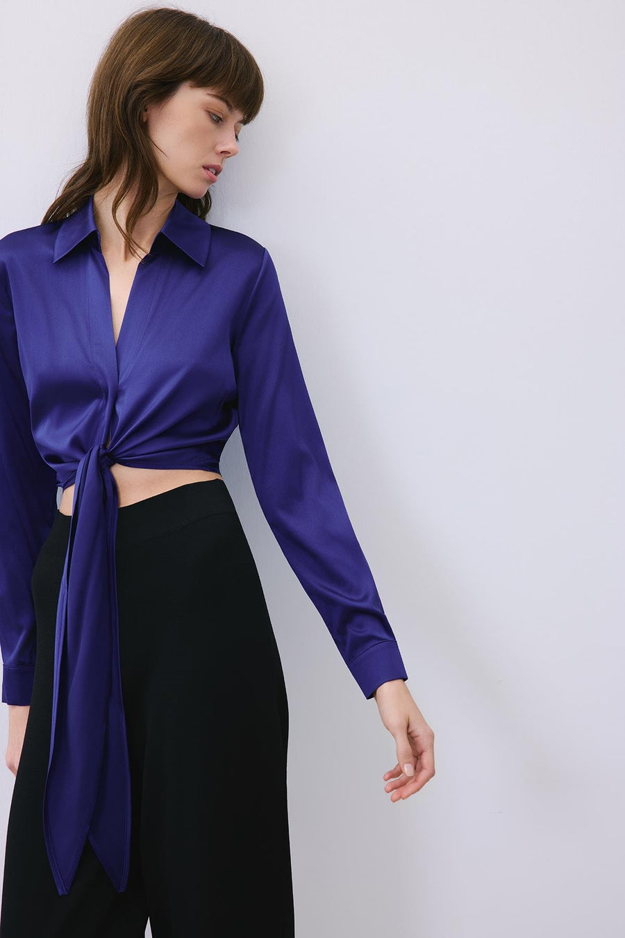 Silk Tie-Front Crop  Shirt Blouse