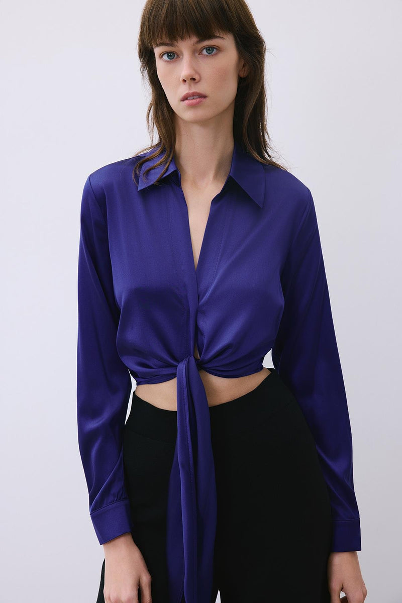 Silk Tie-Front Crop  Shirt Blouse