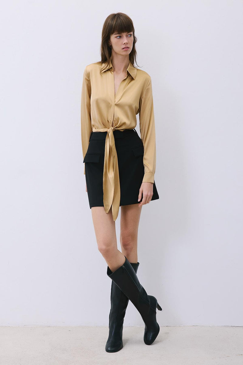Silk Tie-Front Crop  Shirt Blouse