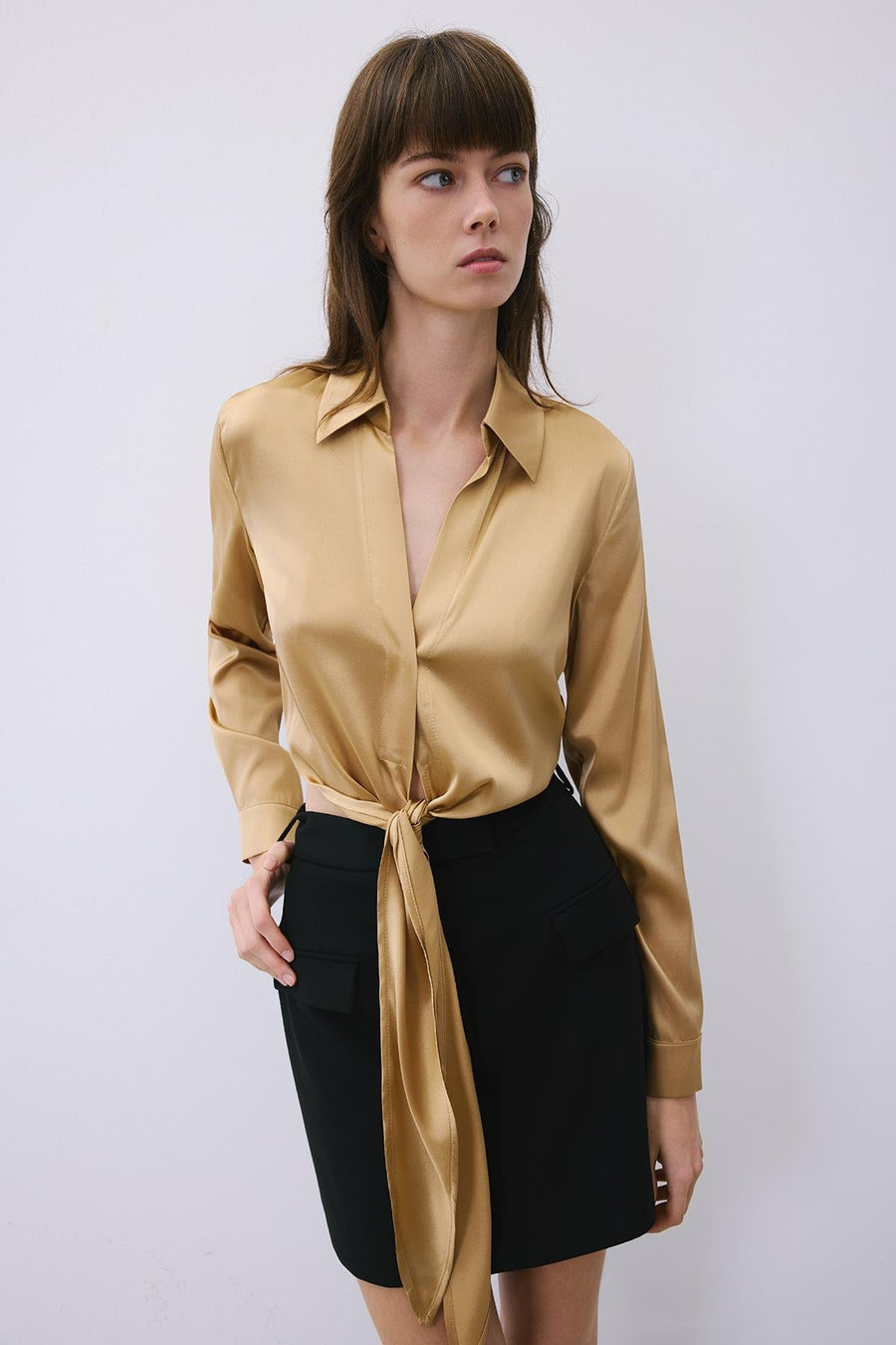 Silk Tie-Front Crop  Shirt Blouse