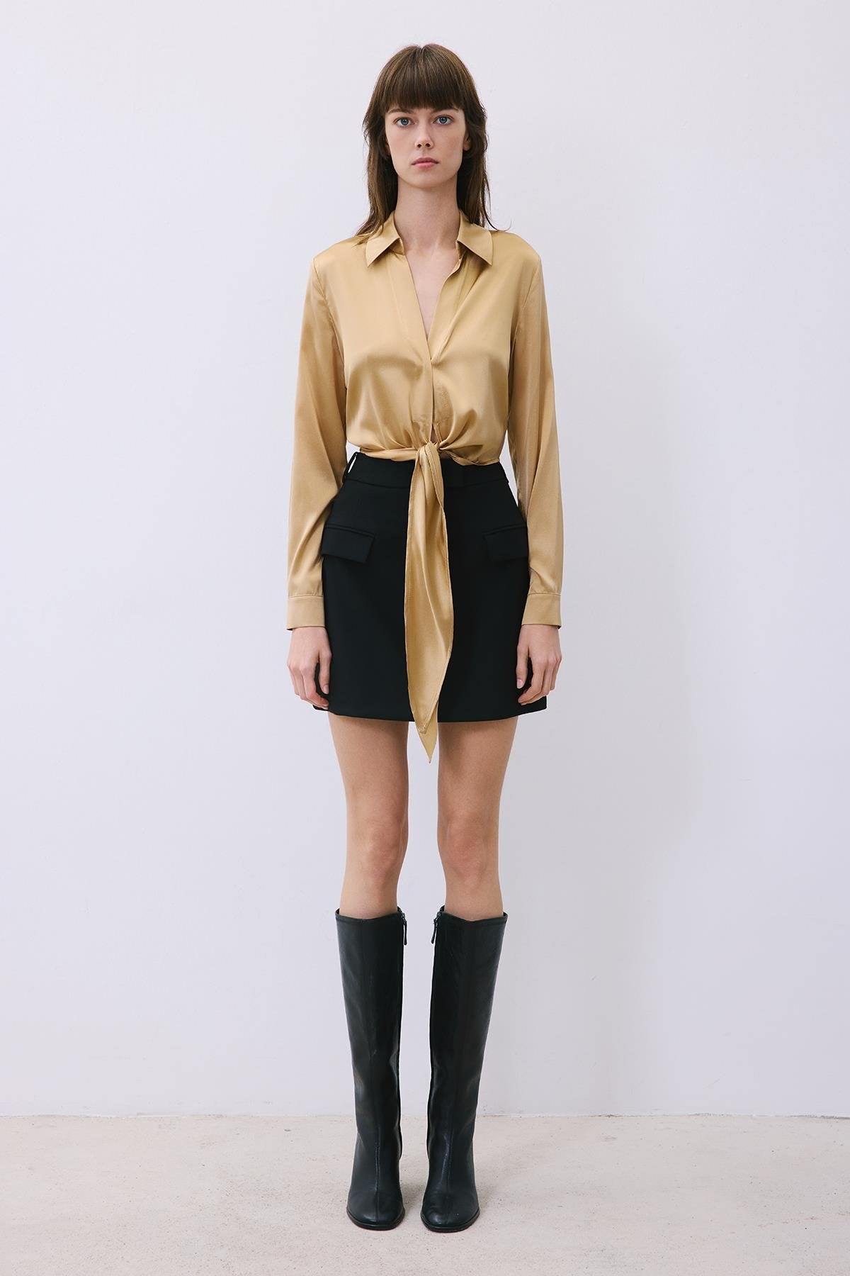 Silk Tie-Front Crop  Shirt Blouse