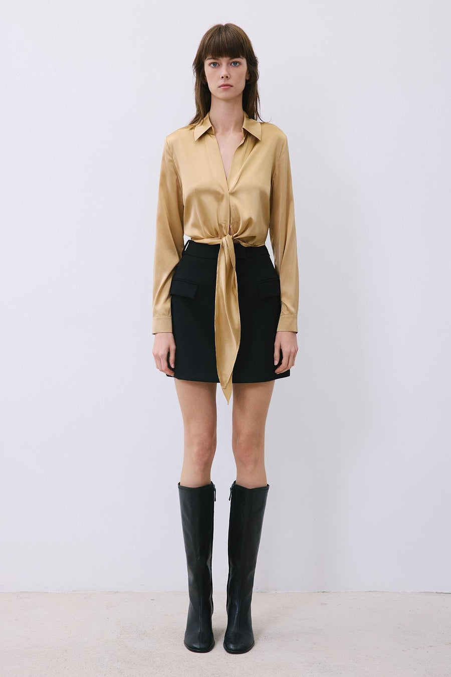 Silk Tie-Front Crop  Shirt Blouse