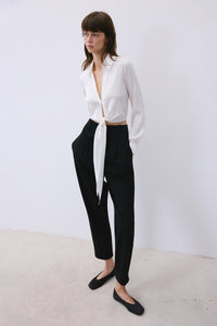 Ecru Silk Tie-front Crop  Shirt Blouse