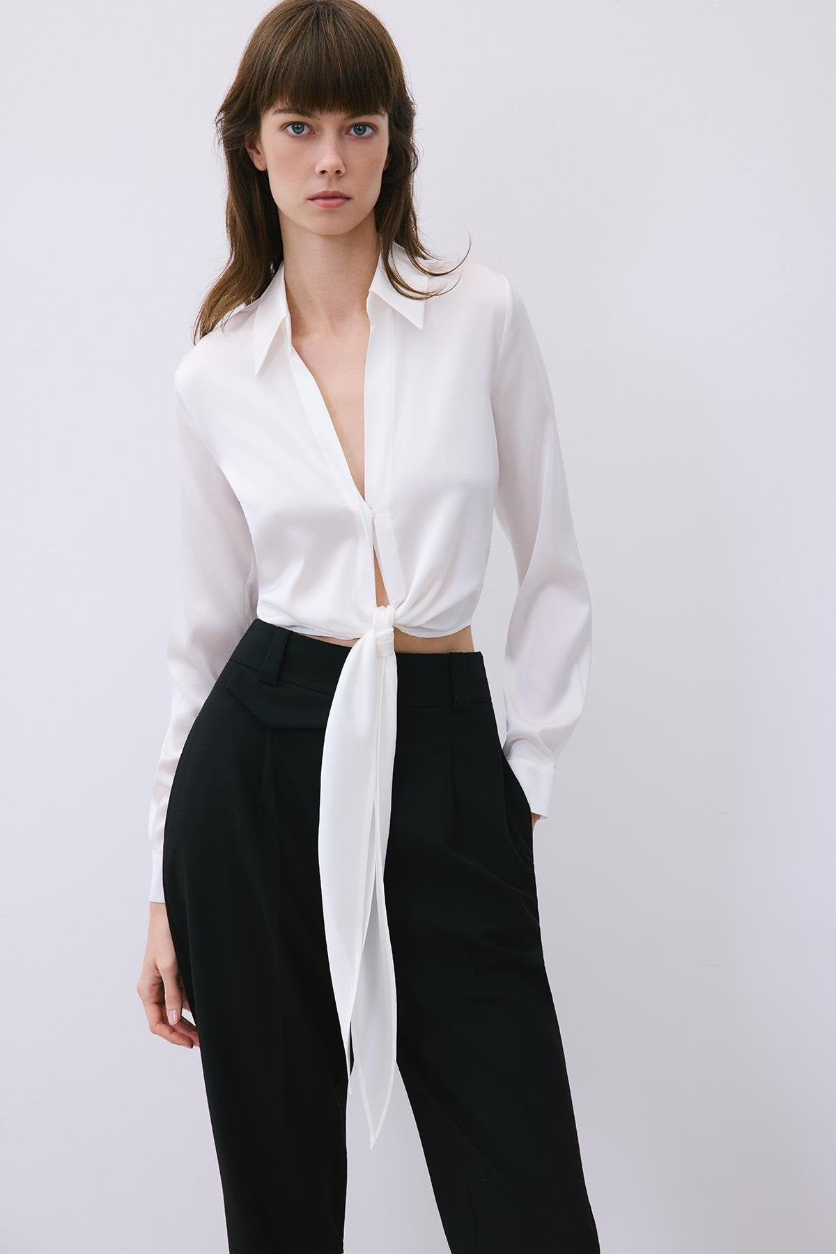 Silk Tie-Front Crop  Shirt Blouse