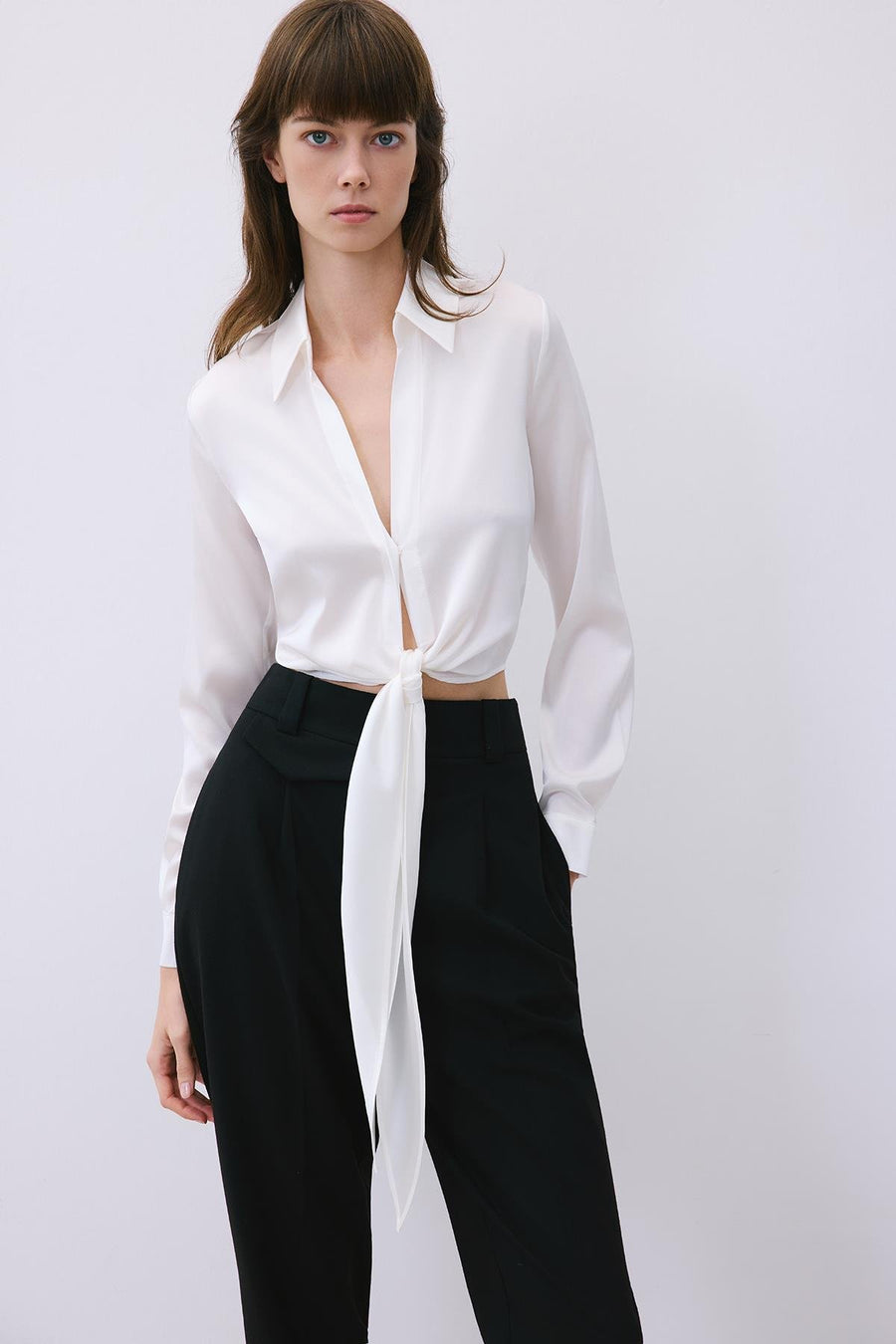 Silk Tie-Front Crop  Shirt Blouse