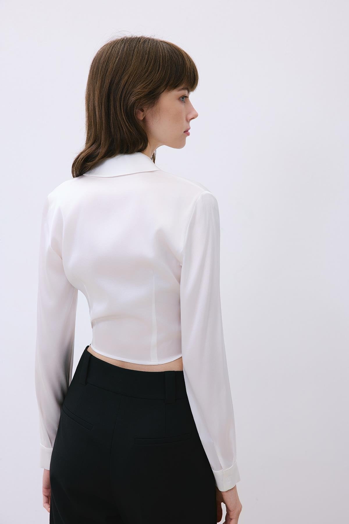 Silk Tie-Front Crop  Shirt Blouse