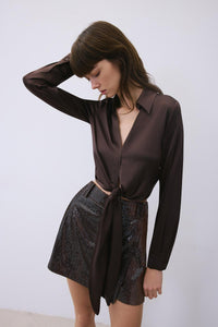 Brown Silk Tie-front Crop  Shirt Blouse