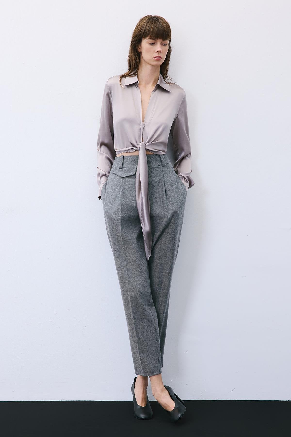 Silk Tie-Front Crop  Shirt Blouse