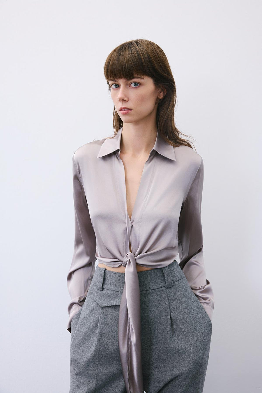 Silk Tie-Front Crop  Shirt Blouse