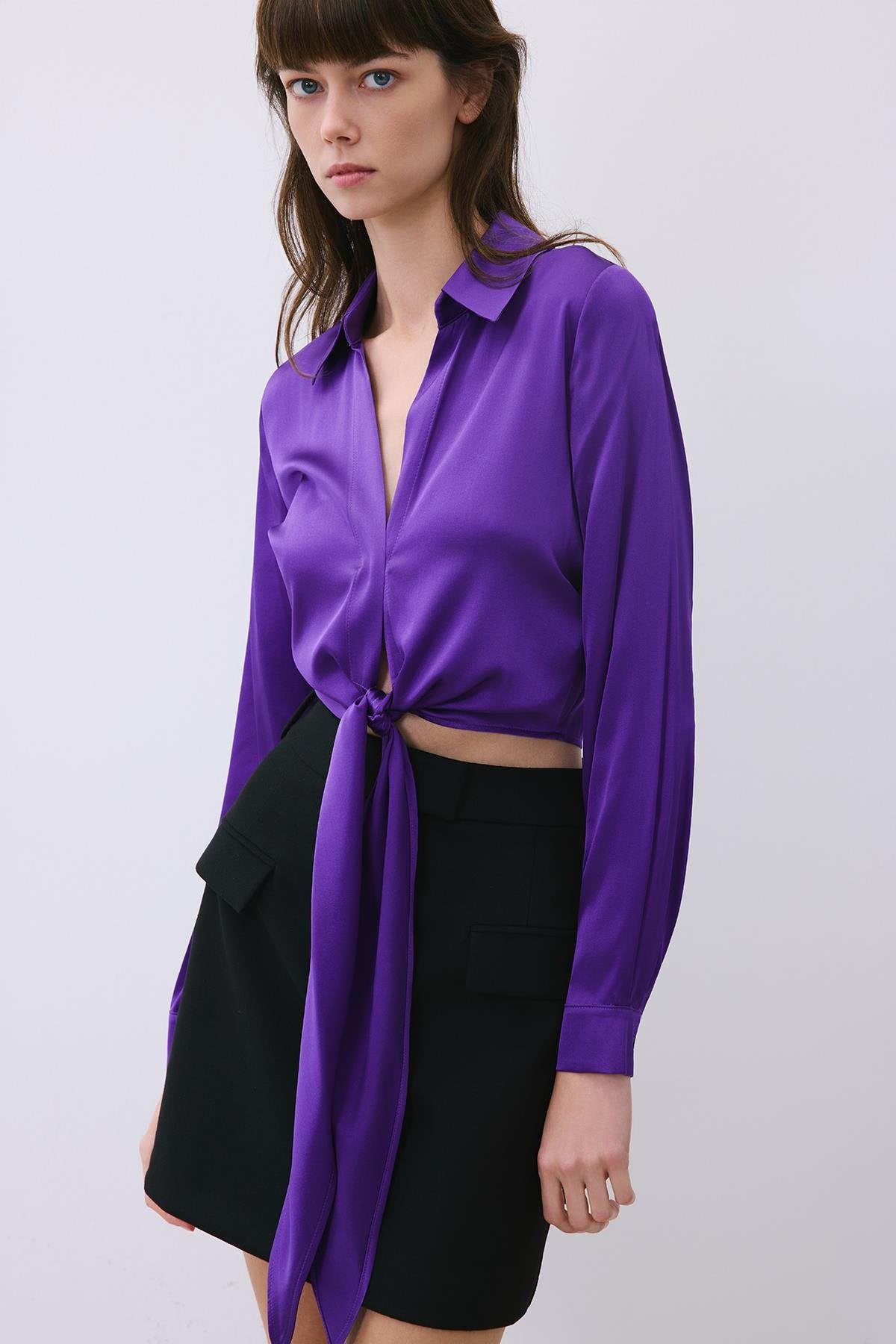Silk Tie-Front Crop  Shirt Blouse