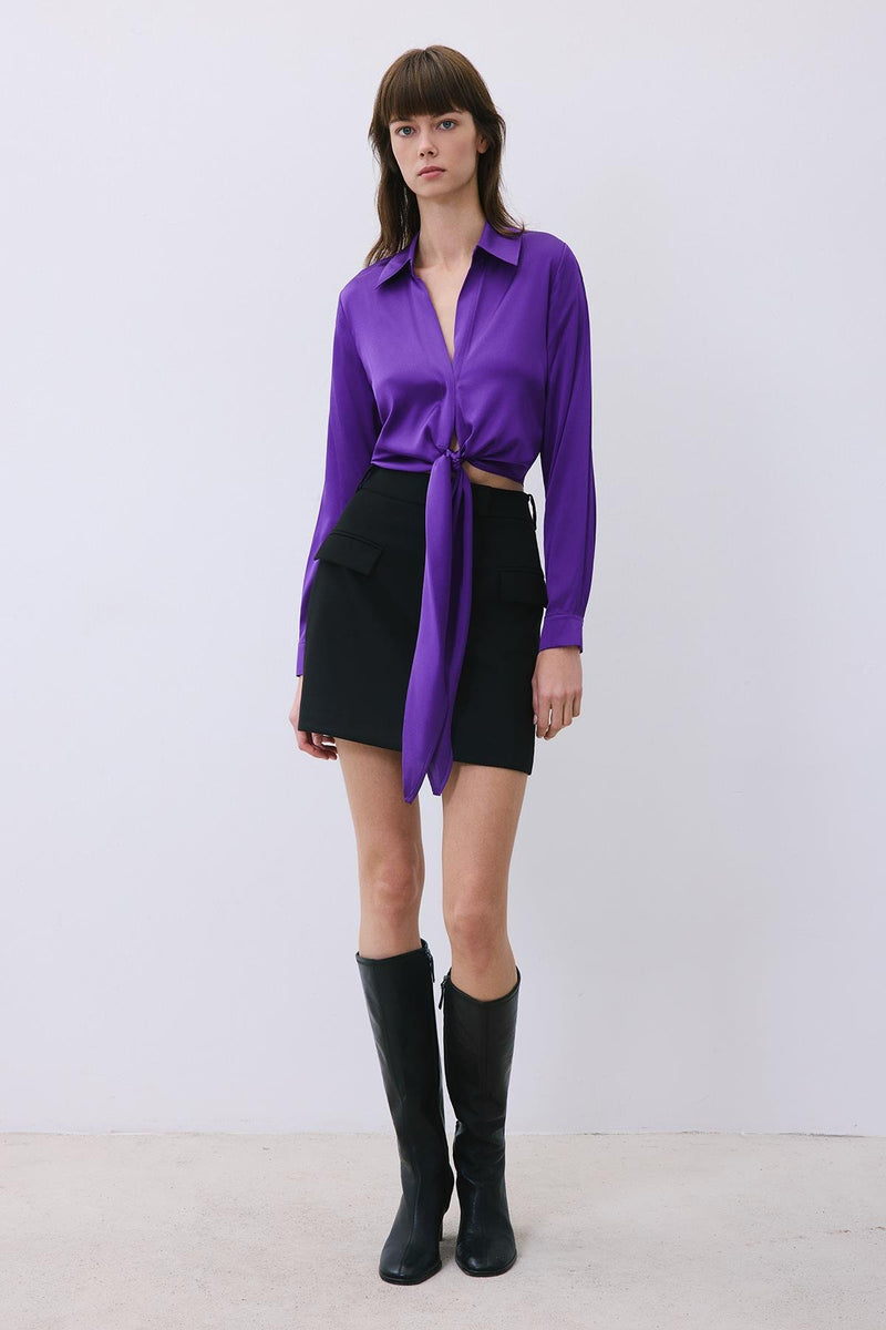 Silk Tie-Front Crop  Shirt Blouse
