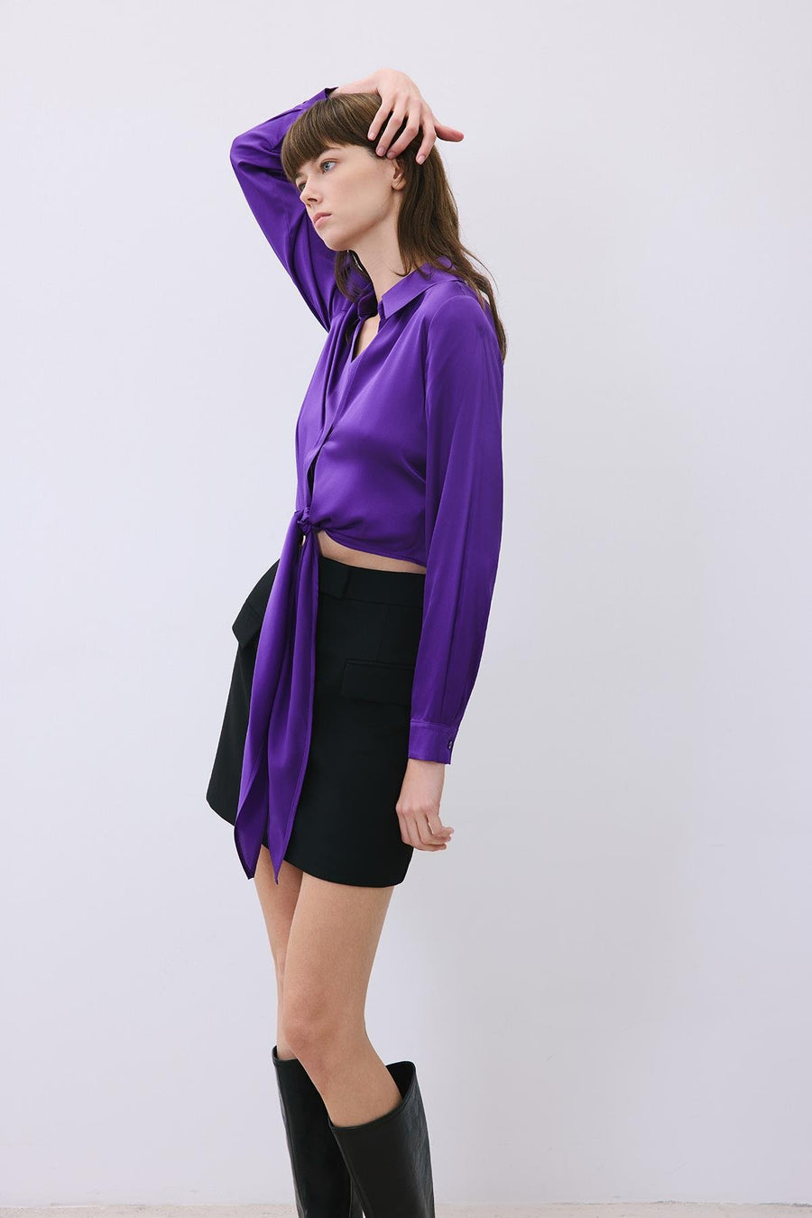 Silk Tie-Front Crop  Shirt Blouse