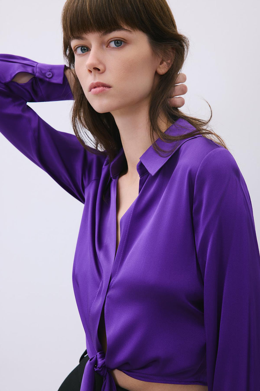 Silk Tie-Front Crop  Shirt Blouse