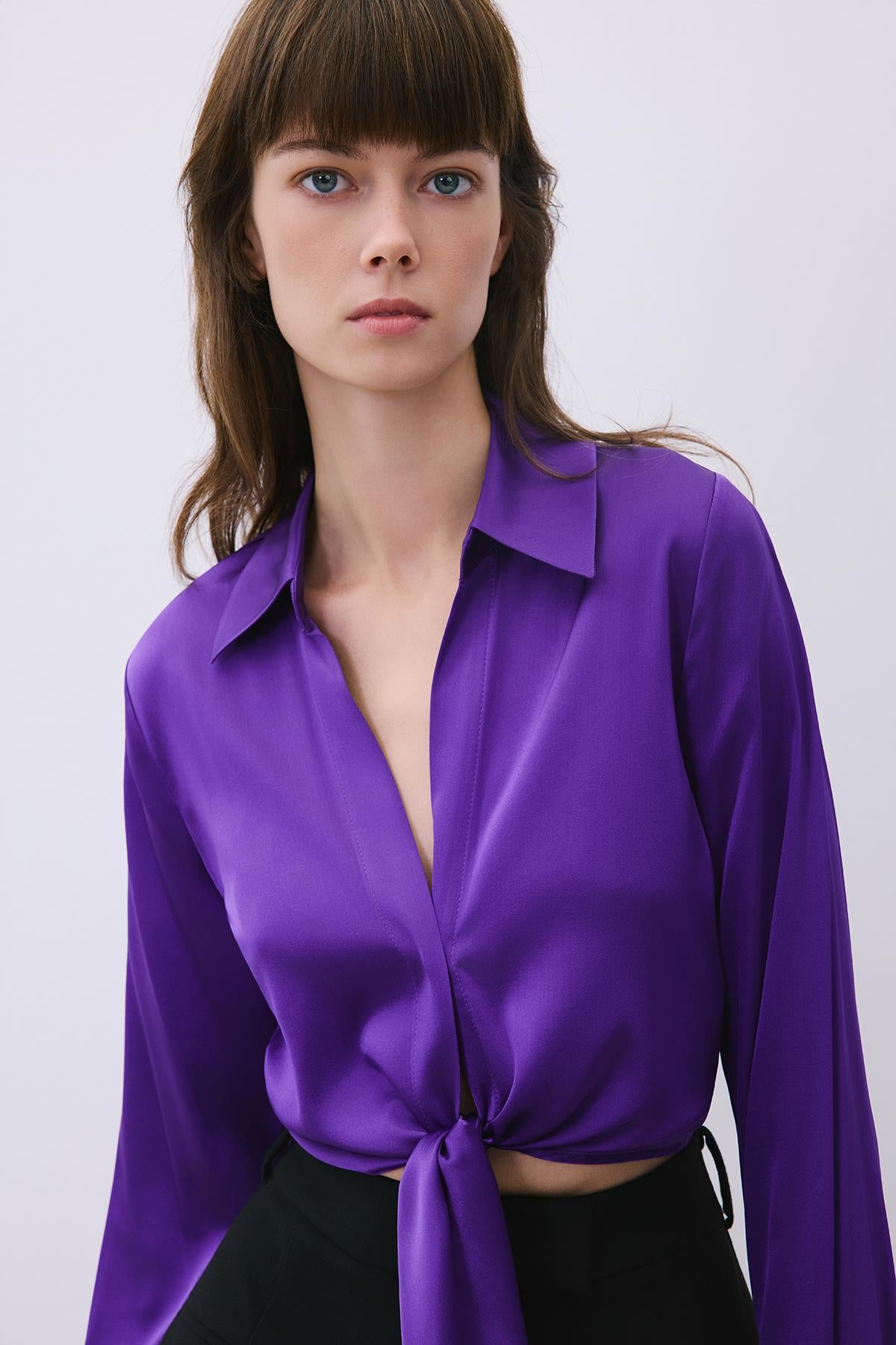 Silk Tie-Front Crop  Shirt Blouse