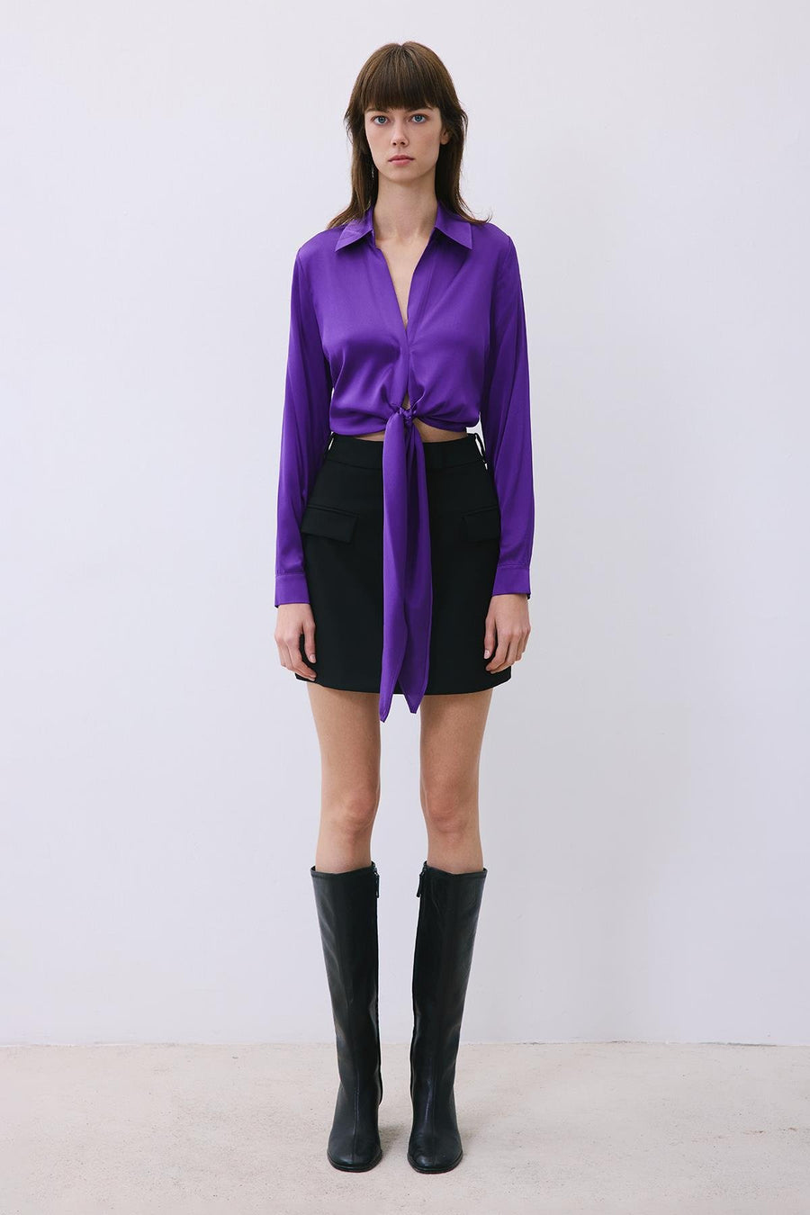 Silk Tie-Front Crop  Shirt Blouse