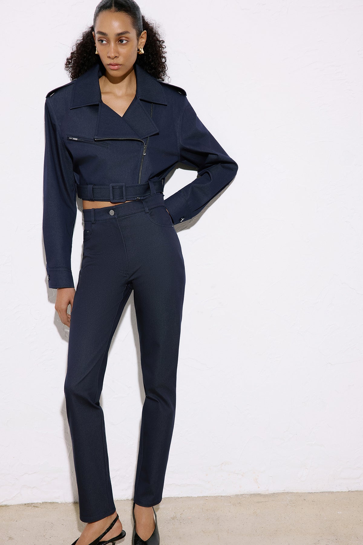 Slim Leg Denim Textured  Trousers