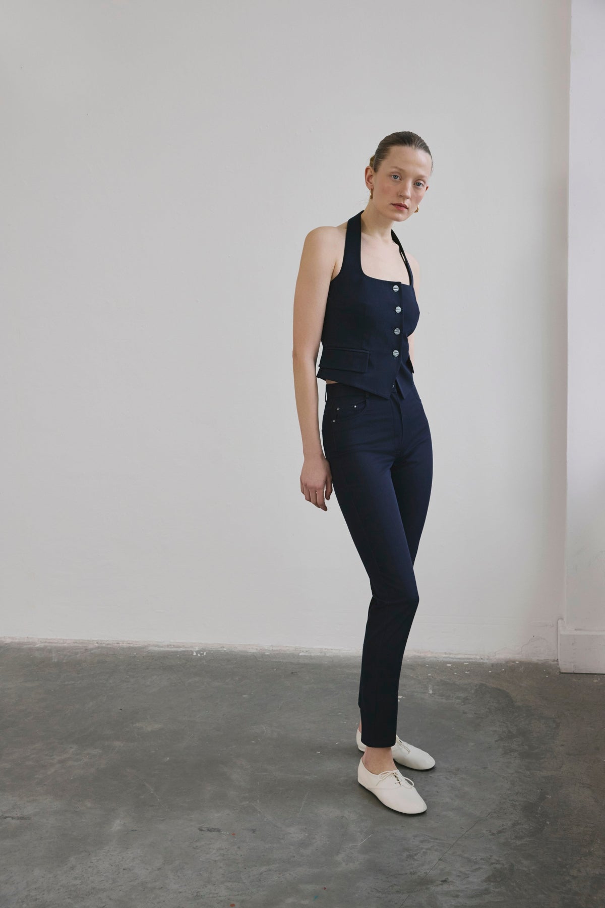 Navy Slim Leg Denim Textured  Trousers