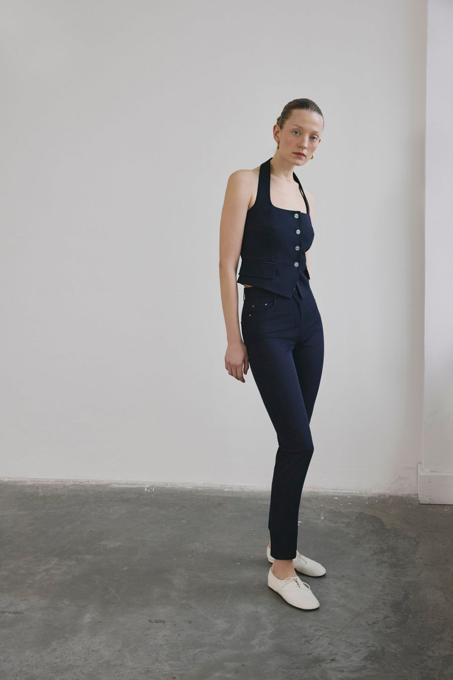 Navy Slim Leg Denim Textured  Trousers