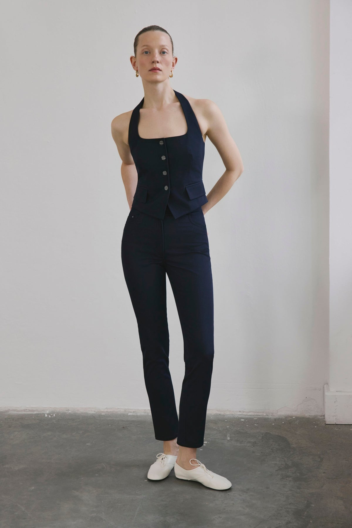 Navy Slim Leg Denim Textured  Trousers
