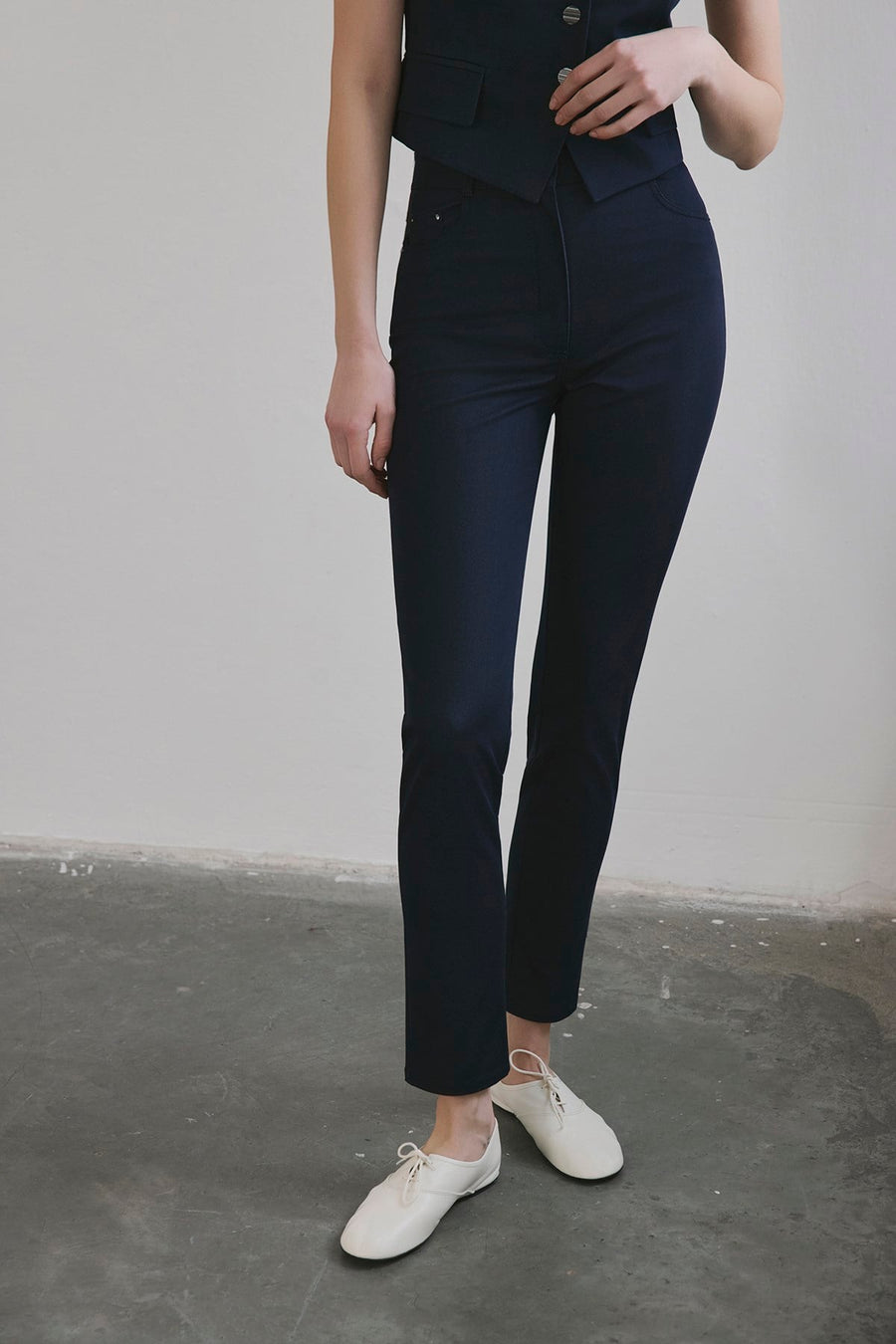 Navy Slim Leg Denim Textured  Trousers
