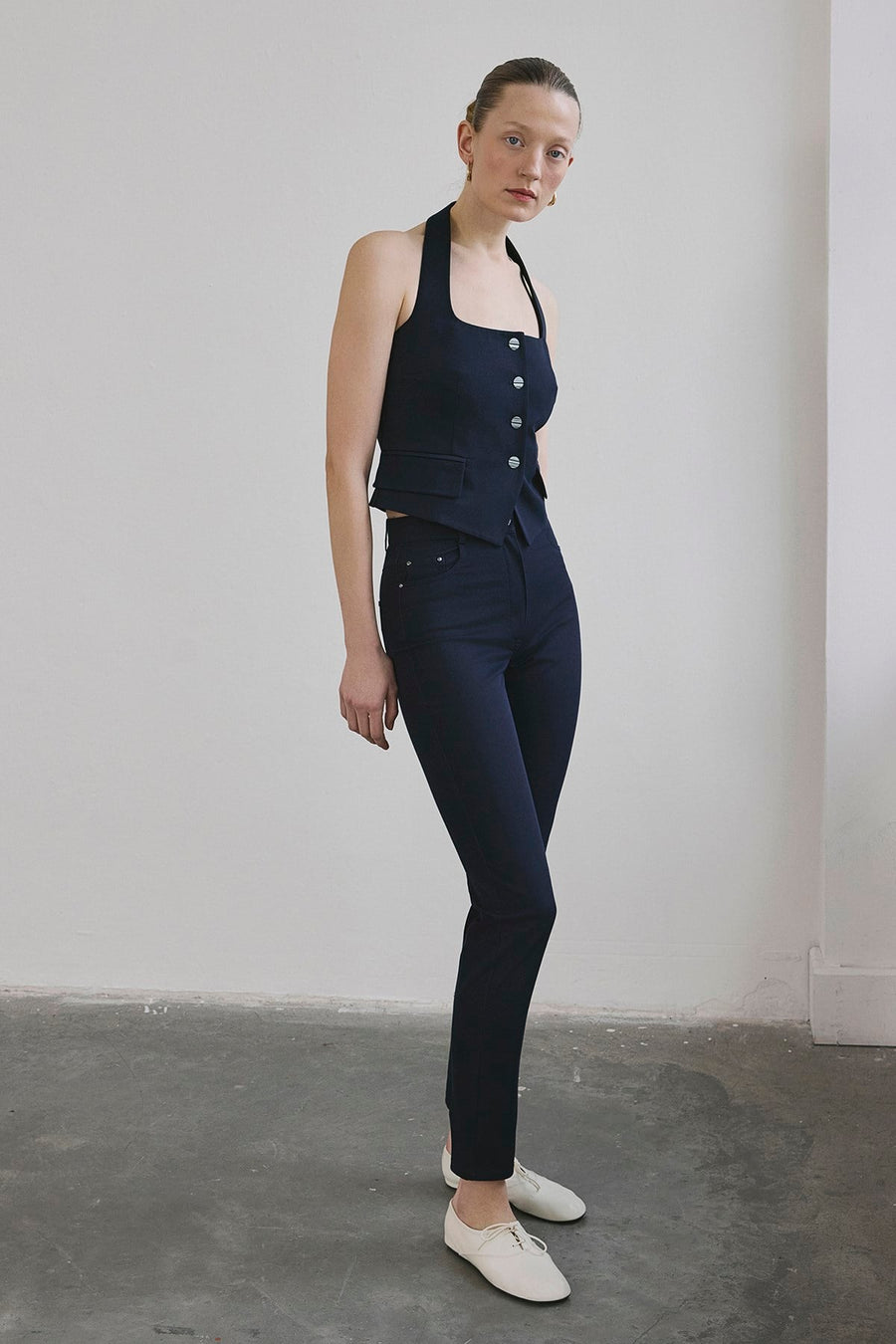 Navy Slim Leg Denim Textured  Trousers