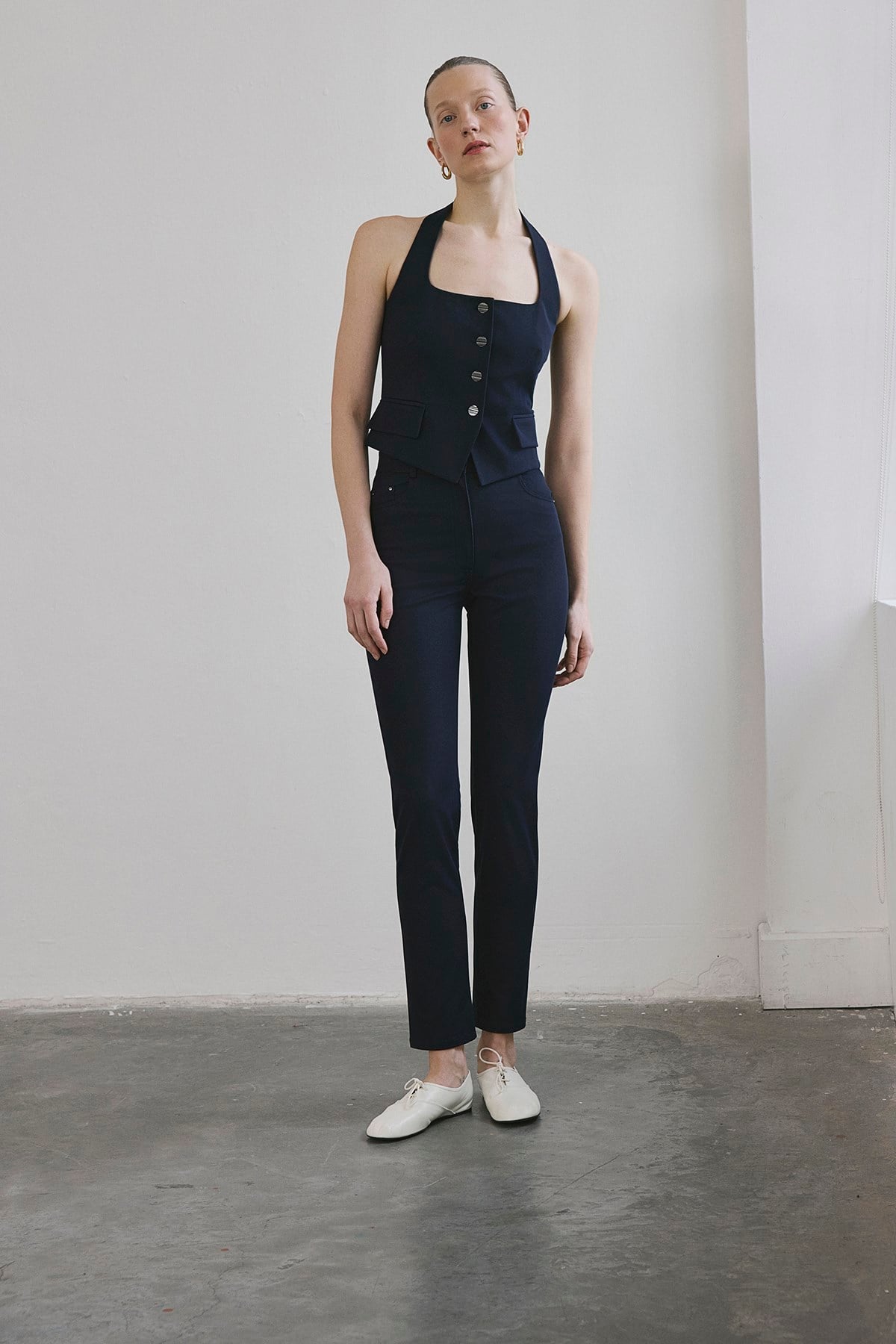 Navy Slim Leg Denim Textured  Trousers