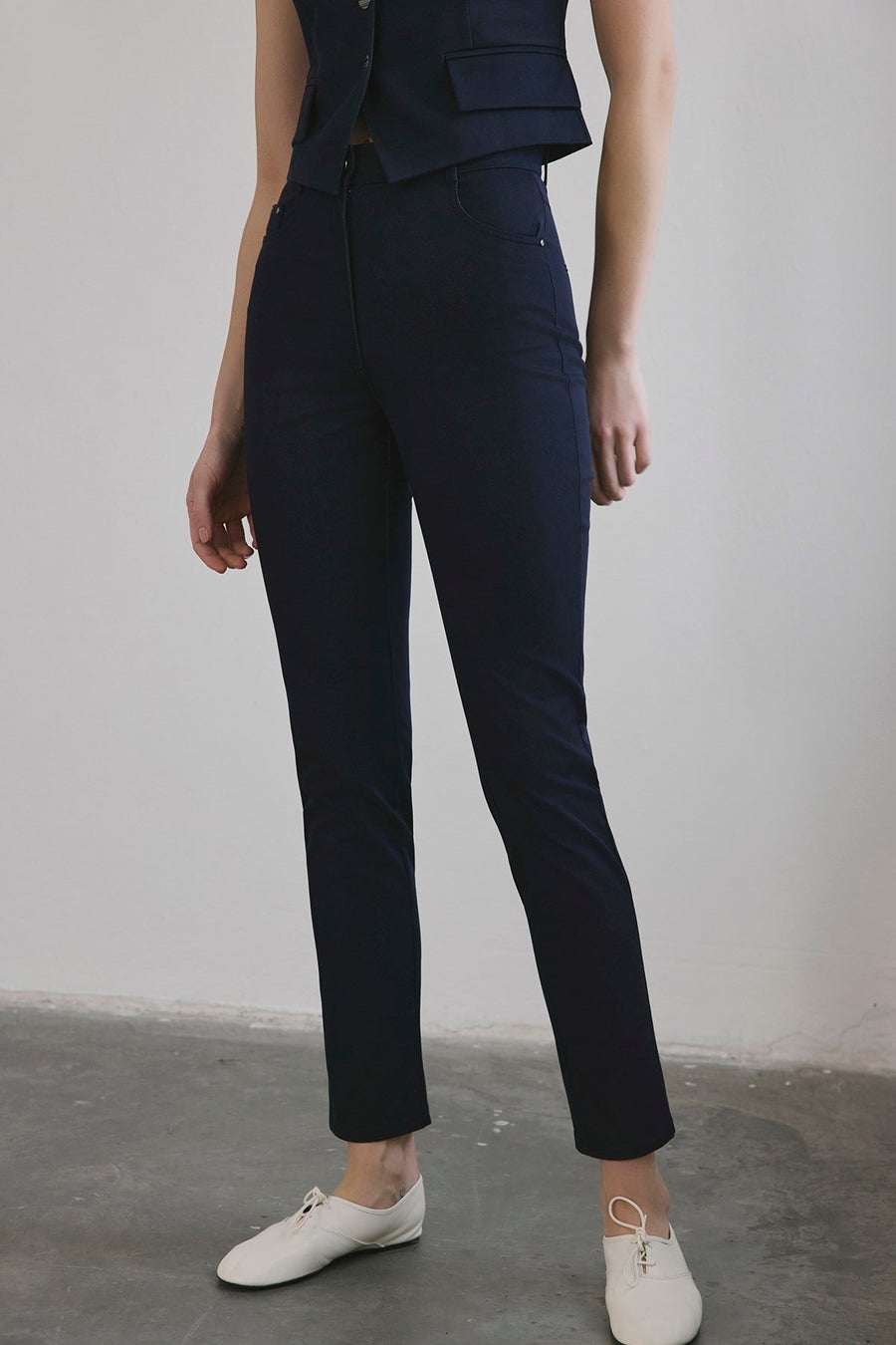 Navy Slim Leg Denim Textured  Trousers