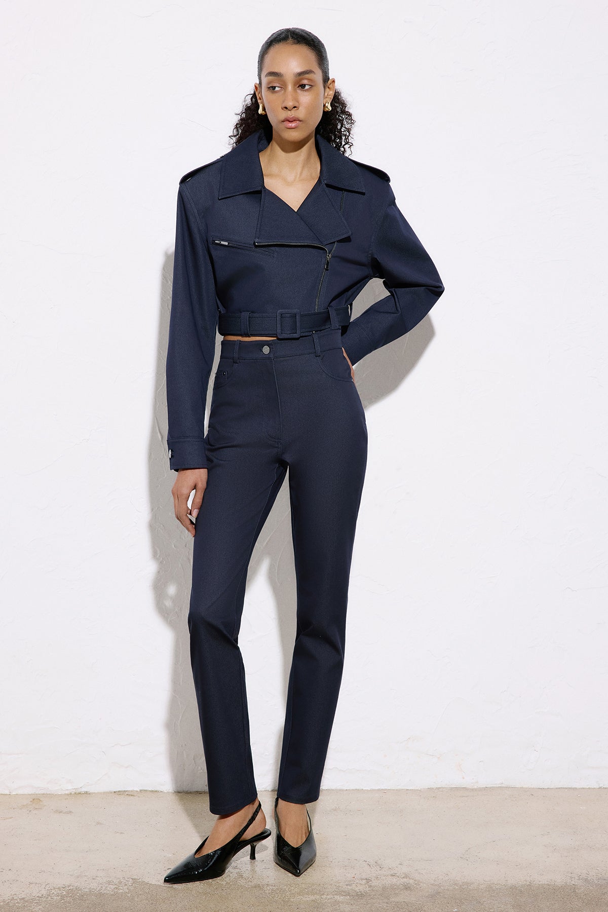 Slim Leg Denim Textured  Trousers