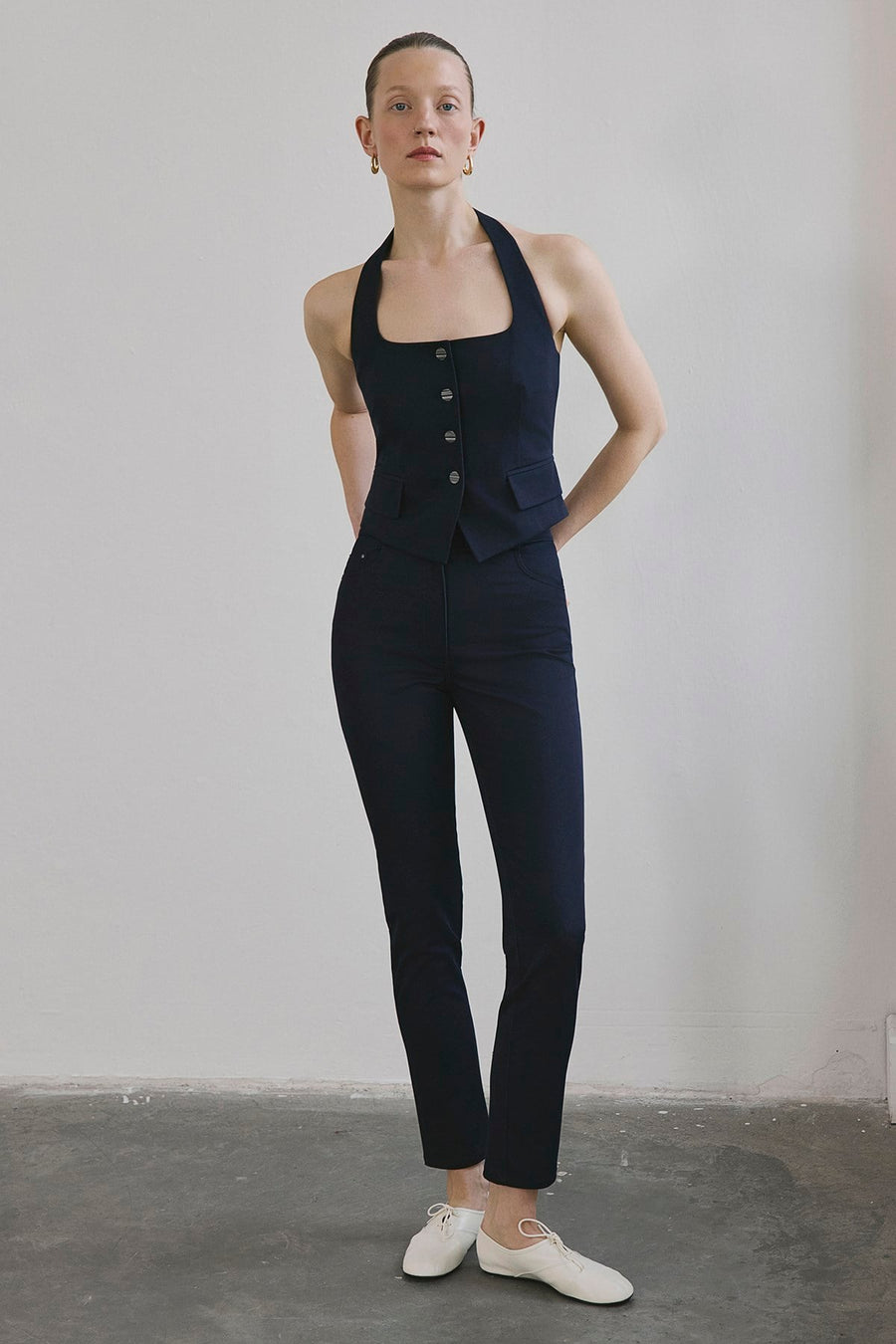 Navy Slim Leg Denim Textured  Trousers