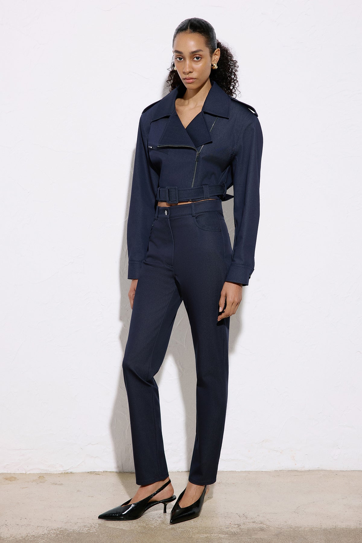 Slim Leg Denim Textured  Trousers