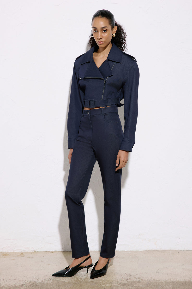 Slim Leg Denim Textured  Trousers