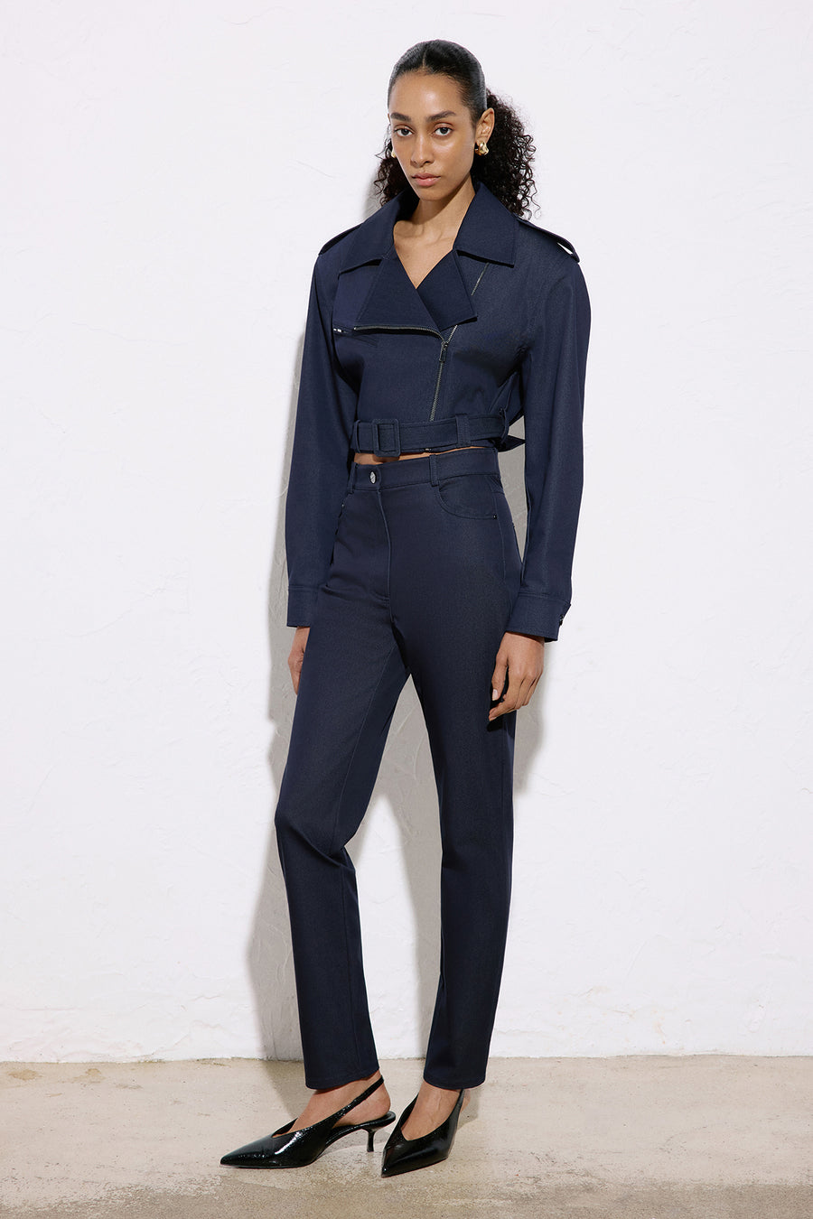 Slim Leg Denim Textured  Trousers