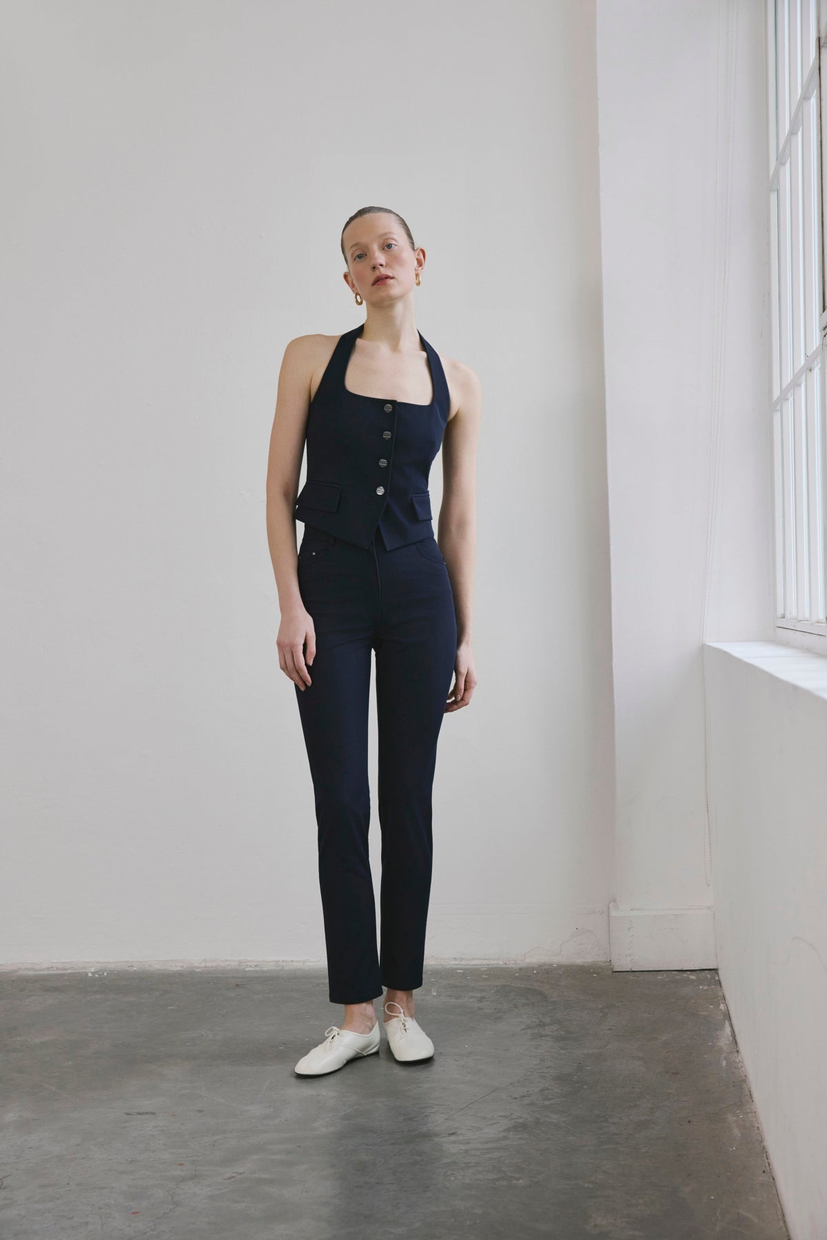 Navy Slim Leg Denim Textured  Trousers