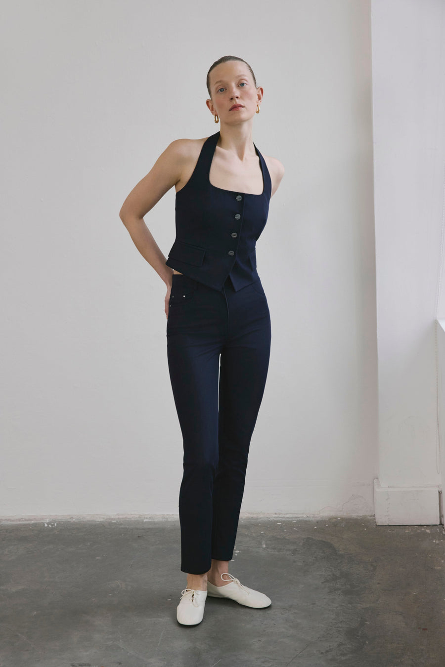 Navy Slim Leg Denim Textured  Trousers
