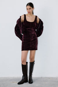 Clared Red Square Neck Velvet Mini Burgundy Dress