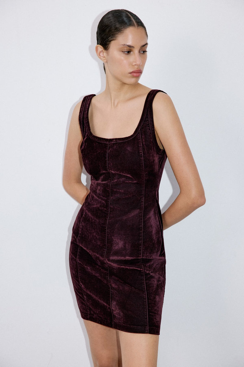 Square Neck Velvet Mini Burgundy Dress