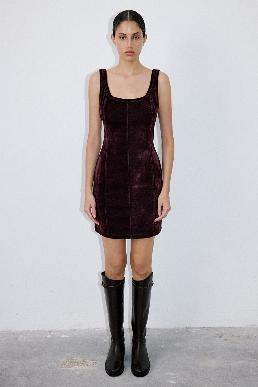 Square Neck Velvet Mini Burgundy Dress