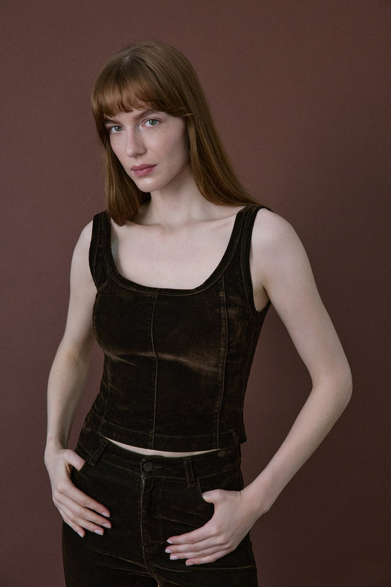 Square Neck Velvet Short Cut Burgundy Blouse