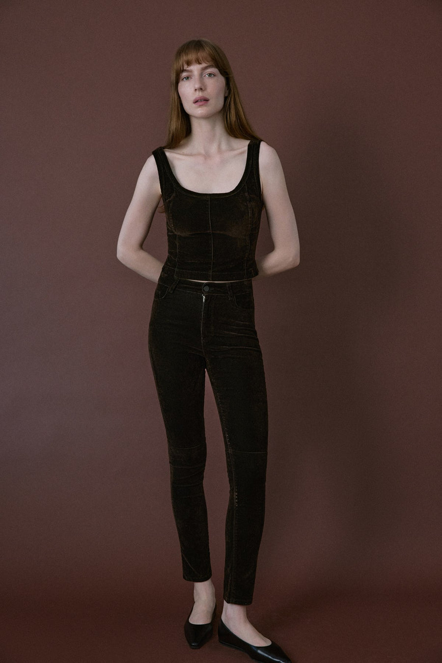 Square Neck Velvet Short Cut Burgundy Blouse
