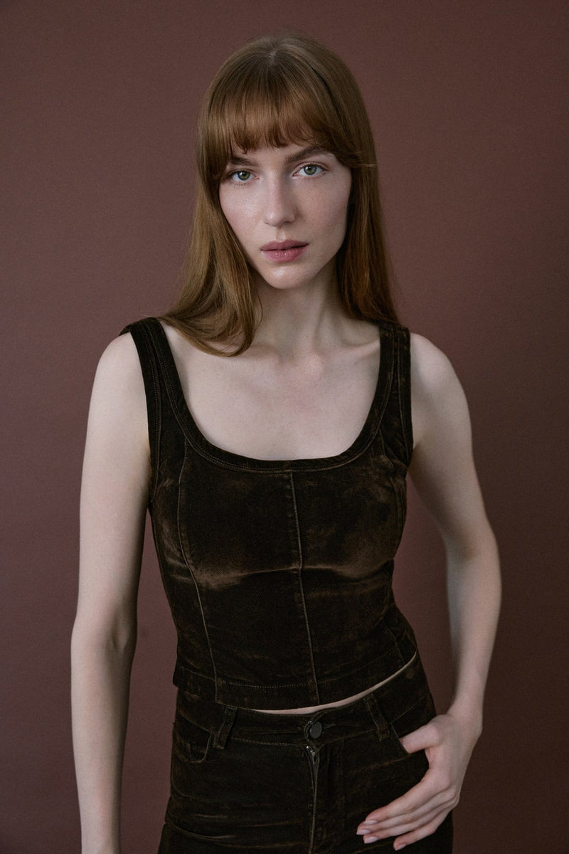 Square Neck Velvet Short Cut Burgundy Blouse