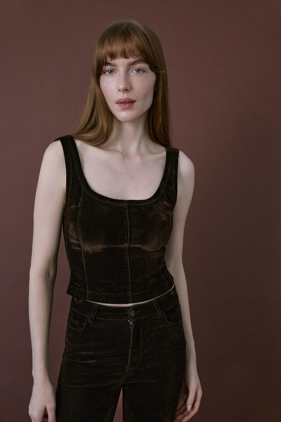 Square Neck Velvet Short Cut Burgundy Blouse