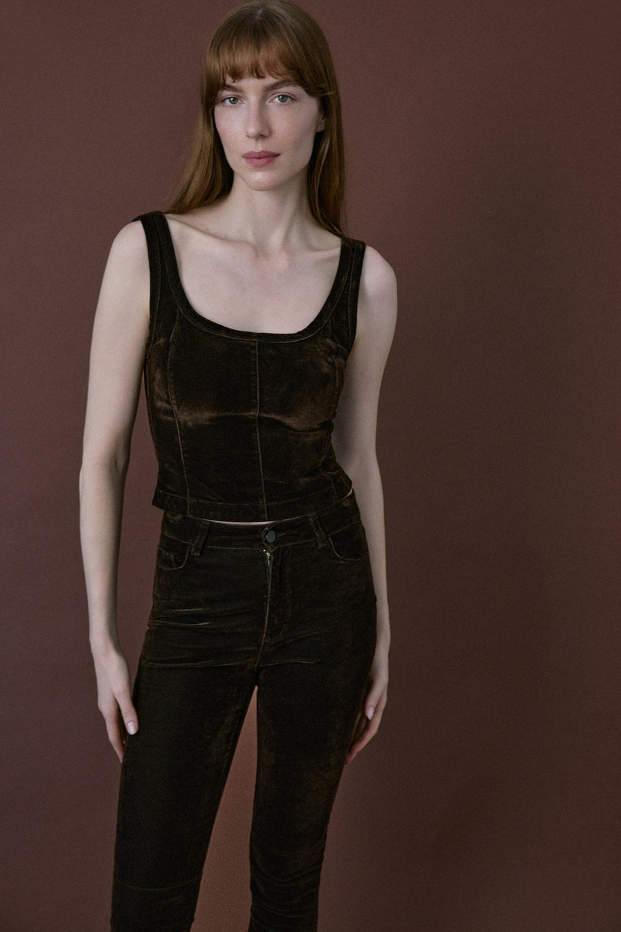 Square Neck Velvet Short Cut Burgundy Blouse