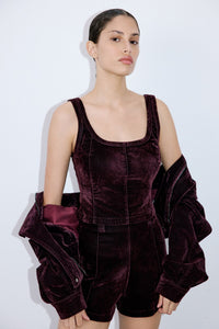 Clared Red Square Neck Velvet Short Cut Burgundy Blouse