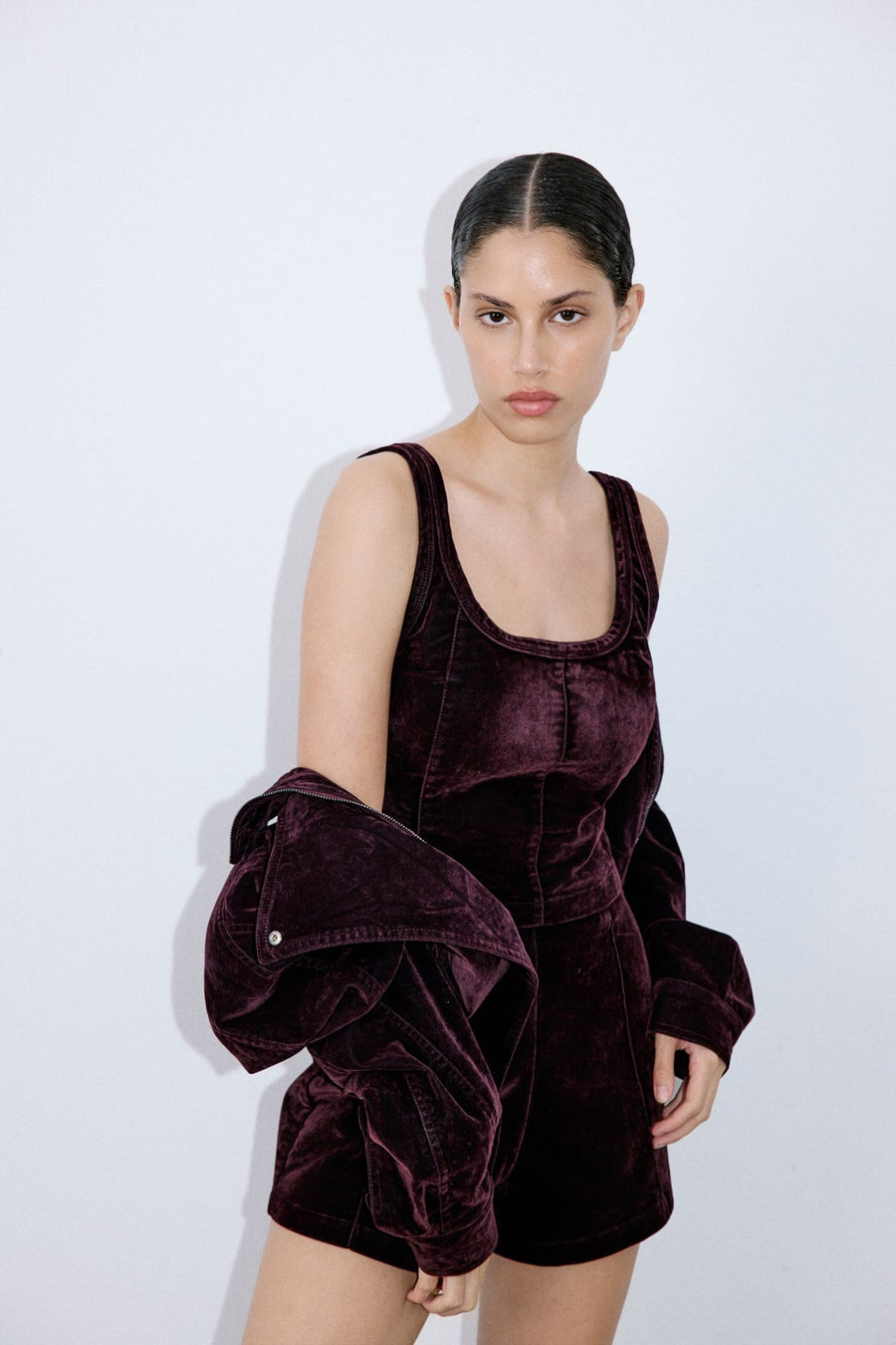 Square Neck Velvet Short Cut Burgundy Blouse