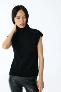 Black Stand Collar Melange Knit Blouse