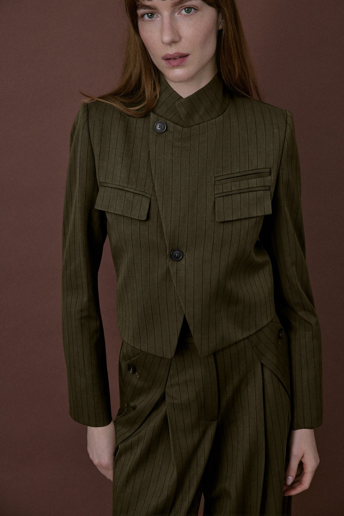 Stand Collar Padded Striped Lined  Blazer