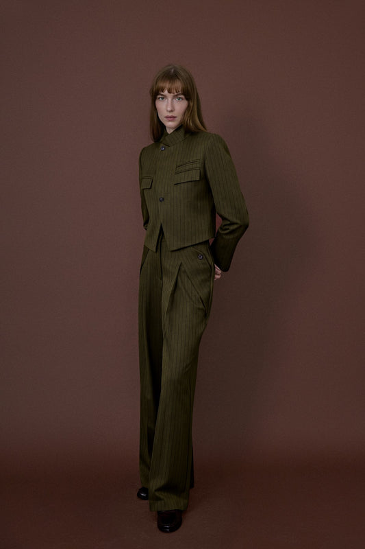 Stand Collar Padded Striped Lined  Blazer