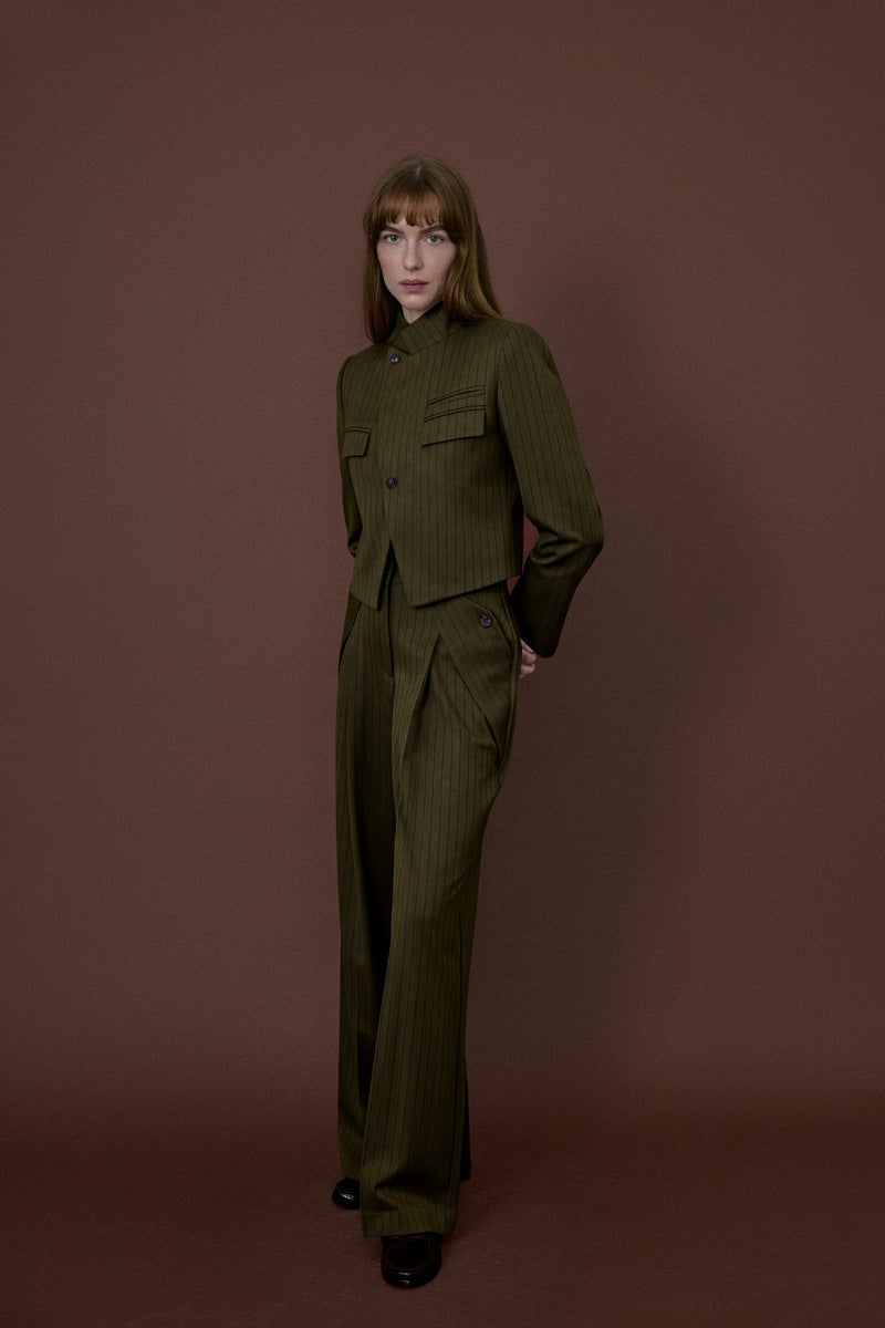 Stand Collar Padded Striped Lined  Blazer